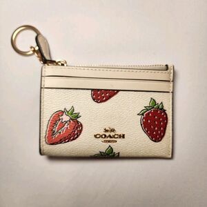 NWT Coach CAR17 Mini Skinny Id Case With Strawberry Print In Canvas Chalk Multi